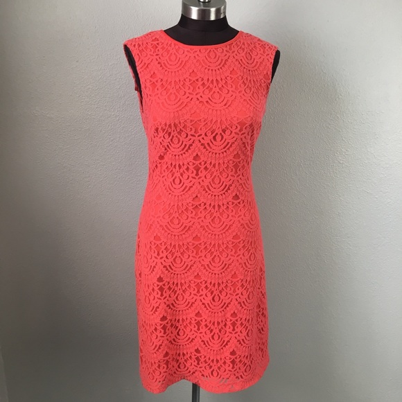 Jessica Howard Dresses & Skirts - Jessica Howard Lace Overlay Coral Sheath Dress 6